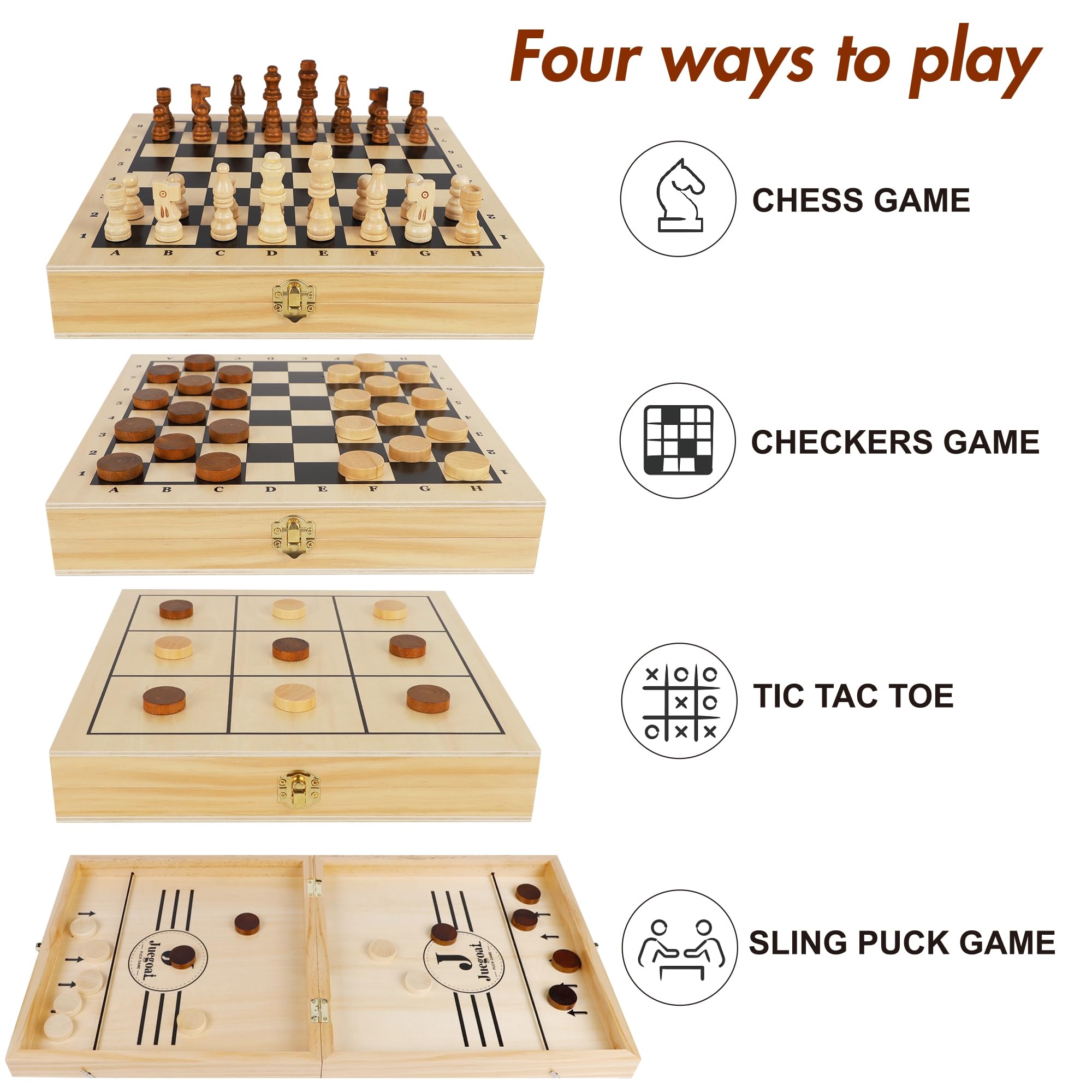 Juegoal 4-in-1 Wooden Fast Sling Puck Set for Kids and Adults, Chess, Checkers, Tic Tac Toe Games, Travel Portable Folding Tabletop Chess Board Game Sets, Interactive Families Toys