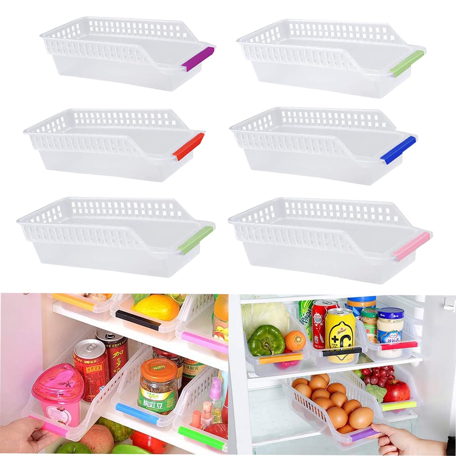 RoadLoo Fridge Storage Organizer, 6 Pack Fridge Tray Organiser Durable Stand Basket Container Plastic Refrigerator Storage Organizer for Kitchen Fruit Cabinets Random Color