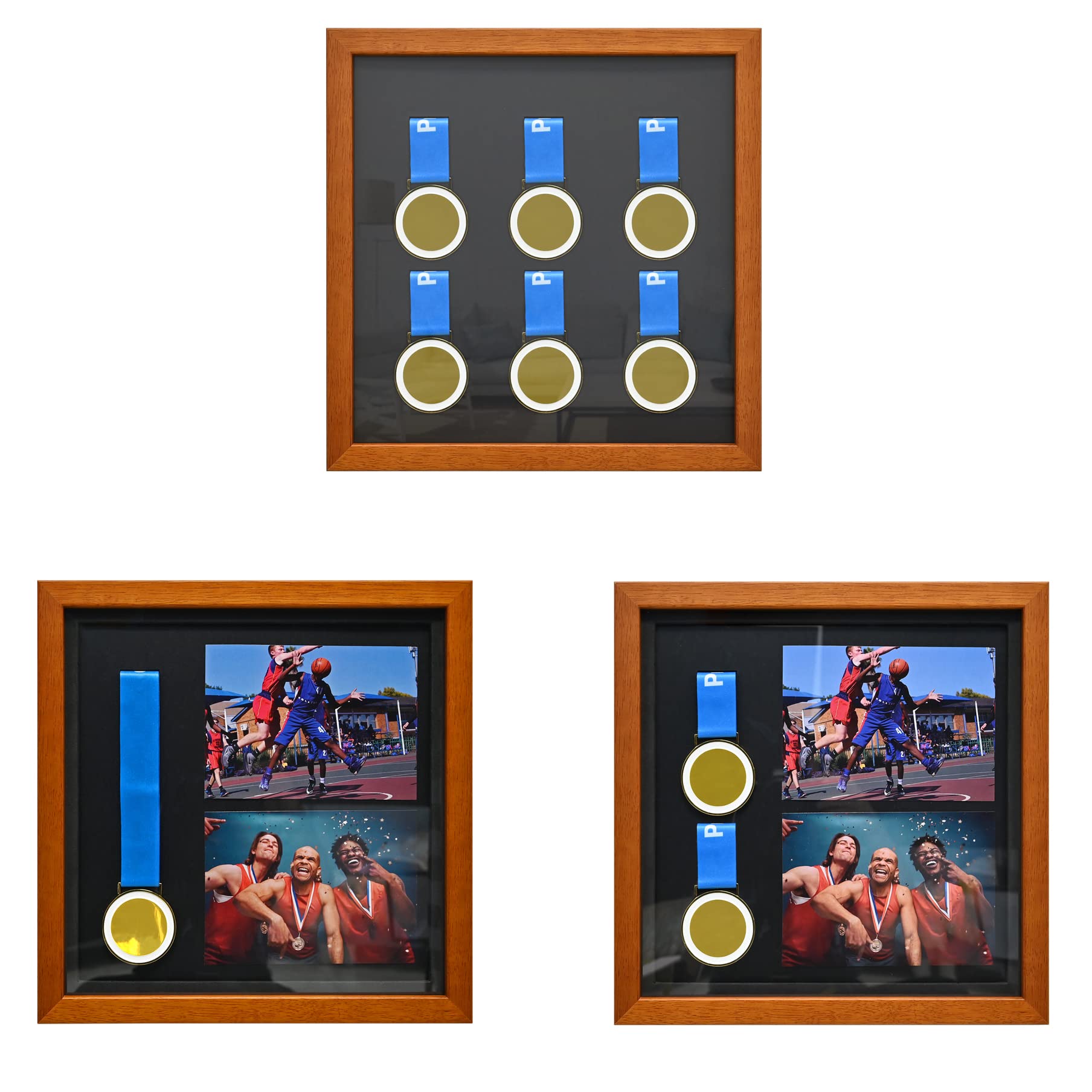 Brown Wooden Medal Display Case with Shadow Box - Holds 6 Medals & 2 Race Photos - Marathon, Runner, Military, Sport Awards & Gifts (13x13 inch)