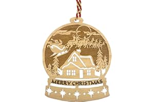 Jolette Designs Santa Claus Ornaments for Christmas Tree - Snowglobe Christmas Tree Decorations - Santa Reindeer and Sleigh Decor - Christmas Snow Globes Wooden Ornament with Rudolph Leading St Nick