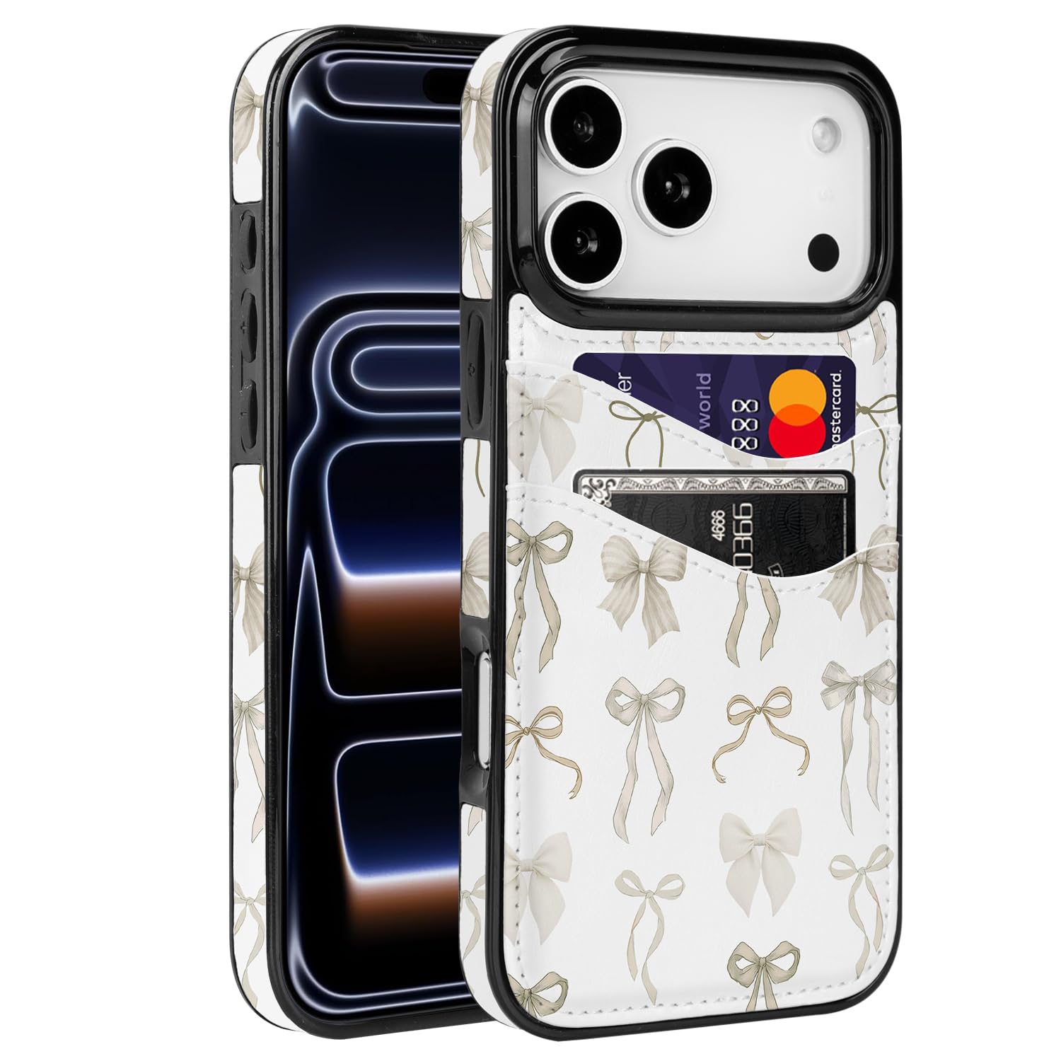 Obbii Compatible with iPhone 17 Pro Max 6.9 inch Case with Card Holder Soft Cute Leather Wallet Case Protective Shockproof Hard Cover for Women Girls (Pastel Ribbon Bow)