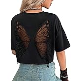 Verdusa Women's Butterfly Mesh Fairy T Shirts Drop Shoulder Goth Crop Tops