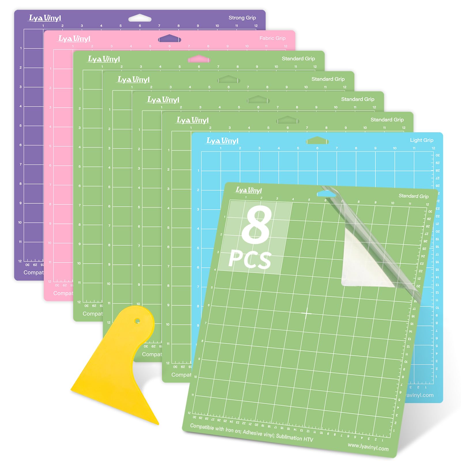 Lya Vinyl 8 Pack Variety Cutting Mats - 12x12, StandardGrip, LightGrip, StrongGrip, FabricGrip for Cricut Explore Air Series