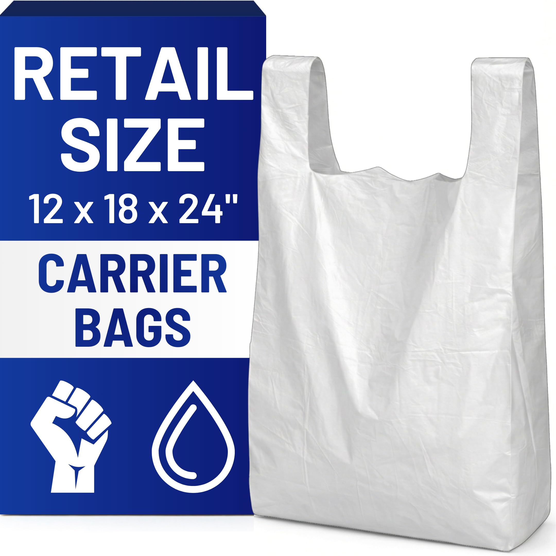 PWgoods Plastic Carrier Bags White - Standard Retail Size 12x18x24, 100 Pack, Medium Duty Large Carrier Bag with Handles, Groceries Retail Shopping Takeaway Bin