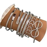 17IF 5/6/7 Pcs Silver Stackable Bangle Bracelet for Women, Silver Plated | Multilayer Charm Textured Love Bracelets Lightning Bangles Indian Chunky Cuff Fashion Jewelry Gift Party Everyday Outfits