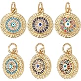 Beebeecraft 1 Box 6Pcs Evil Eye Charms 18K Gold Plated Round Turkish Protection Charms with Blue Colorful Cubic Zirconia Crystal for Jewelry Making Necklace Bracelet DIY Crafts, Hollow Back