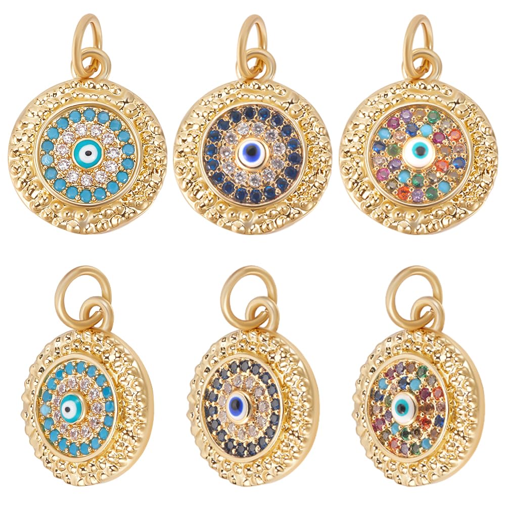Beebeecraft 1 Box 6Pcs Evil Eye Charms 12.5mm 18K Gold Plated Round Turkish Protection Charms with Blue Colorful Cubic Zirconia Crystal for Jewelry Making Necklace Bracelet DIY Crafts