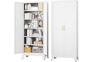 RISTERN White Metal Storage Cabinet,75" Steel File Cabinet for Home Office, Kitchen Pantry Storage Cabinet with Doors and 5 Adjustable Shelves, Tool Cabinet, for Office, Home, Garage, School
