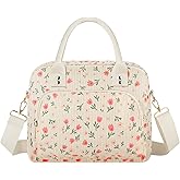 Lunch Bag Large Insulated Lunch Box for Women Men Adult Cute Pink Floral Lunchbox Corduroy Lunch Bags Boxes Pail with Shoulder Strap for Work Mom Picnic Office Travel 11.4×6.8×9.1 inches 11.5L Beige