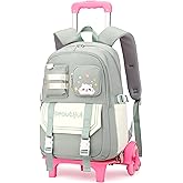 ETAISHOW Cat Print Rolling Backpack for Girls Kids Backpack with Wheels Roller Bookbag Trolley School Bag Wheeled Bag Green