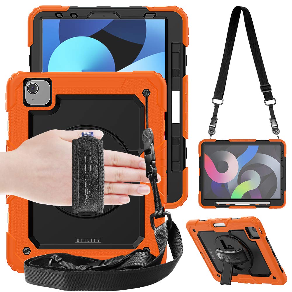 TECHGEAR UTILITY Case for iPad Air 10.9" 5th & 4th Generation 2022/2020, Tough Rugged HEAVY DUTY Armour Shockproof Case with 360 Rotating Stand, Hand Strap and Shoulder Strap - Orange
