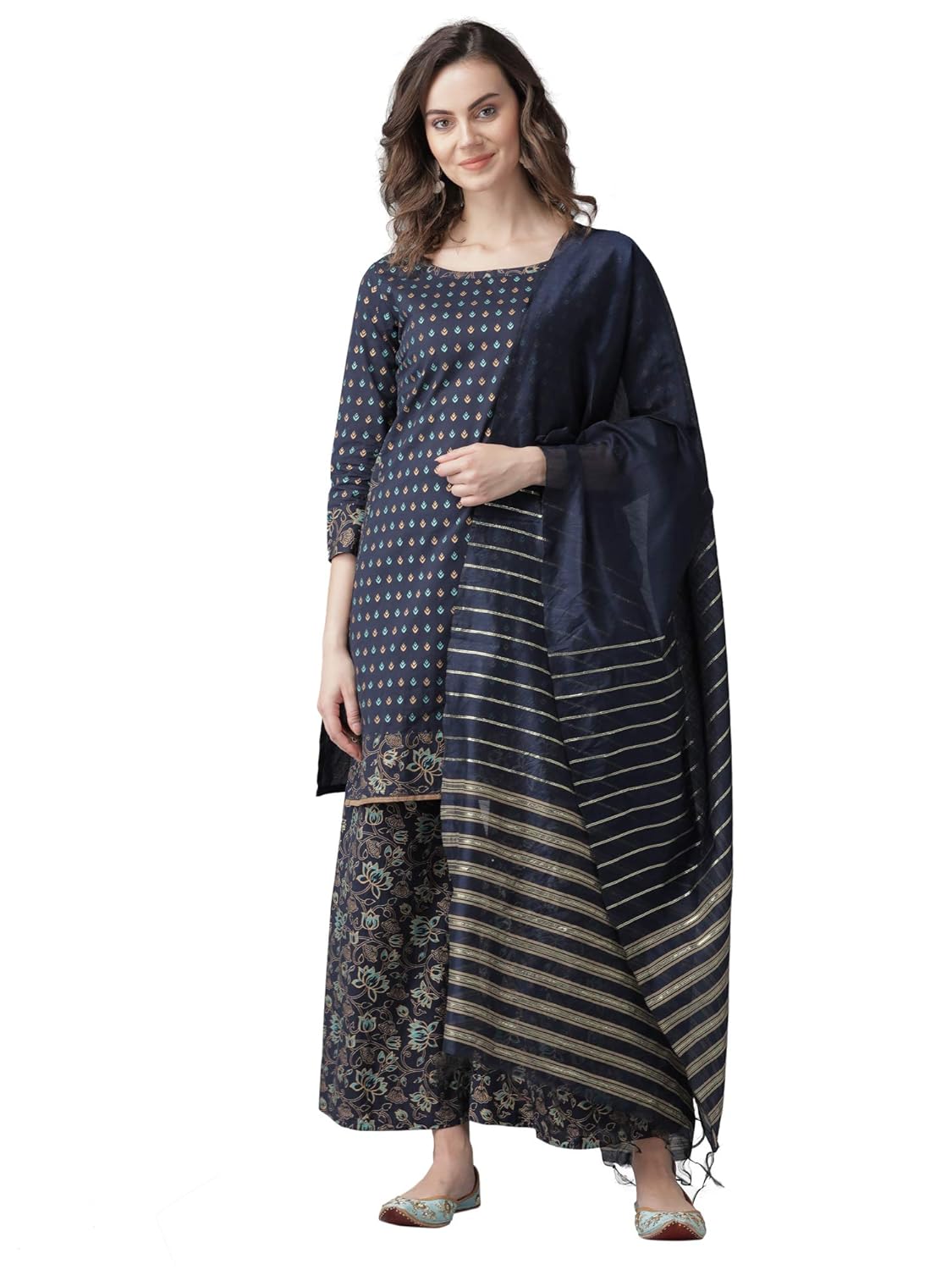  Women's pure cotton Straight Kurta sets With Palazzos (Navy Blue)