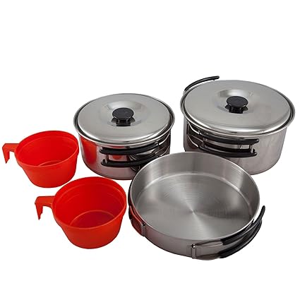 Outdoor International Outdoor Camping Kochgeschirr Set 7tlg. Edelstahl Topf Pfanne Geschirr stapelbar