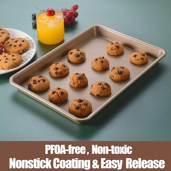 JOHO BAKING COOKIE SHEETS FOR BAKING NONSTICK, 2 PACK HEAVY DUTY 0.8MM BAKING SHEET PAN SET QUARTER(9X13IN) & JELLY ROLL(10X15IN) WITH DIAMOND TEXTURE, GOLD COMMERCIAL GRADE, SMALL OVEN SAFE