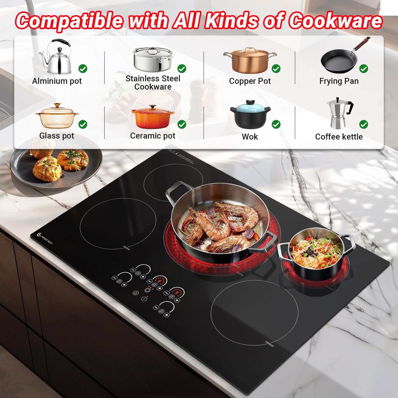 AMZCHEF Electric Cooktop 30 Inch,5 Burners Built-in Electric Stove Top,Max 9000W Ceramic Glass Countertop with Touch Control,9 Heating Level,Triple Zone,Safety Lock