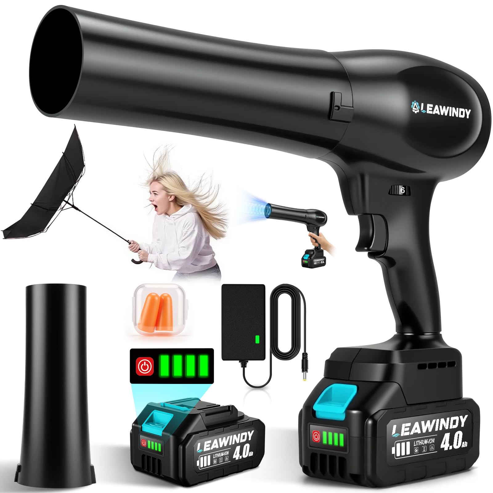 Cordless Leaf Blower with Extended Nozzle, 6 Speed Modes Turbo Jet Blower for Drying, Leaf Blower Cordless with 4.0AH Battery and Charger, Handheld Mini Leaf Blowers for Lawn Care, Patio, Car, Garage