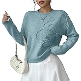Women's 3D Floral Appliques Crewneck Sweaters Long Sleeve Drop Shoulder Pullovers Elegant Knit Tops