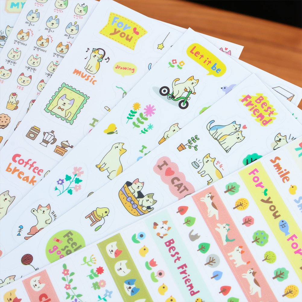 Jespekerere Cute Stickers Cartoon Cat DIY Album Daily Planner Diary Scrapbook Mobile Phone Decorative Stickers 6 Pieces Kids Children Toys