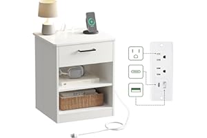 ODIKA Everyday Side Table with Fast Charging Station - USB C Cable Fast Charging, Wooden White Nightstand Bedside Table with Drawer, End Table with Optional Adjustable Shelf for Bedroom, Set of 1