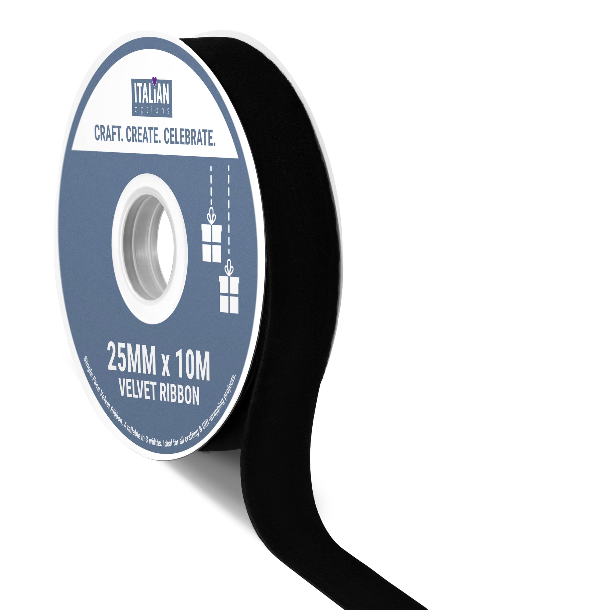 Italian Options Velvet Ribbon, Luxury, Single-Face Velvet Ribbon for Crafting, Christmas, Bows, Hair, Cakes, Weddings, Ornaments, Gift Wrapping, Flowers, 25mm x 10 Metre Roll, Black