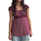 Sunloudy Women Fairy Coquette Babydoll Shirt Y2k Cap Sleeve Polka Dot Grunge Flowy Preppy Tees Vintage Aesthetic Clothes
