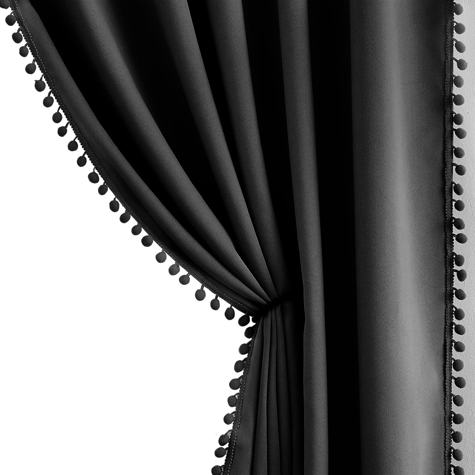 Pom Pom Blackout Black Curtains for Children Kids Room 50 x 54 Inch Drop Pencil Pleat Tape Top Black Window Curtain Set of 2 Panels Thermal Insulated Light Blocking Drapes for Small Laundry Basement