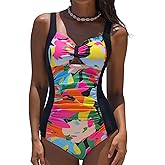 popvil Sexy One Piece Swimsuit for Women Slimming Tummy Control Bathing Suit Color Block Swimwear