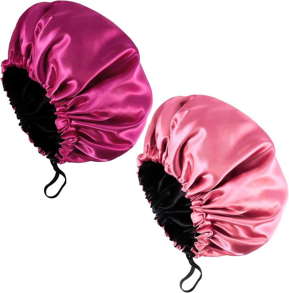 Fuyamp Satin Sleep Cap 2 Pack Adjustable Silky Shower Bonnet Pink Rose Red