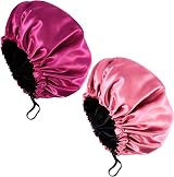 Fuyamp Satin Sleep Cap 2 Pack Adjustable Silky Shower Bonnet Pink Rose Red