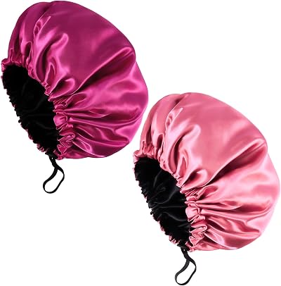 Fuyamp Satin Sleep Cap 2 Pack Adjustable Silky Shower Bonnet Pink Rose Red