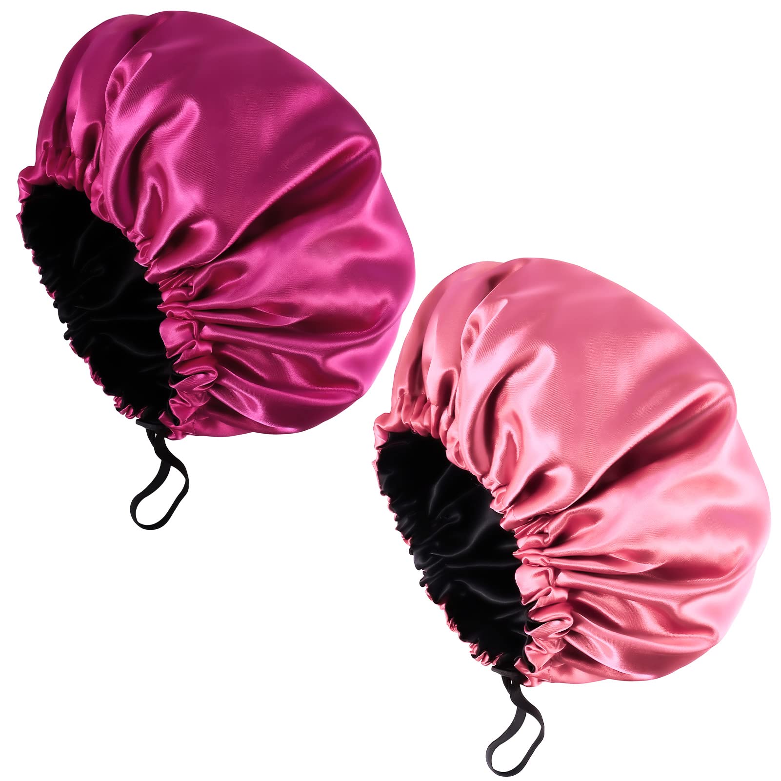 Fuyamp 2 Packs Satin Sleep Cap Shower Cap,Adjustable Silky Sleep Bonnet for Women Long Curly Hair, Double-Sided Waterproof Satin Bath Cap Hair Cap for Women Sleeping Bathing(Pink+Rose Red)