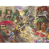 Wizardi Golden-Hour Cafe Street LetiStitch Counted Cross Stitch Kit | A sun-warmed cobblestone piazza scene, comes with Aida cloth, embroidery floss, study or living room wall art, model L8021