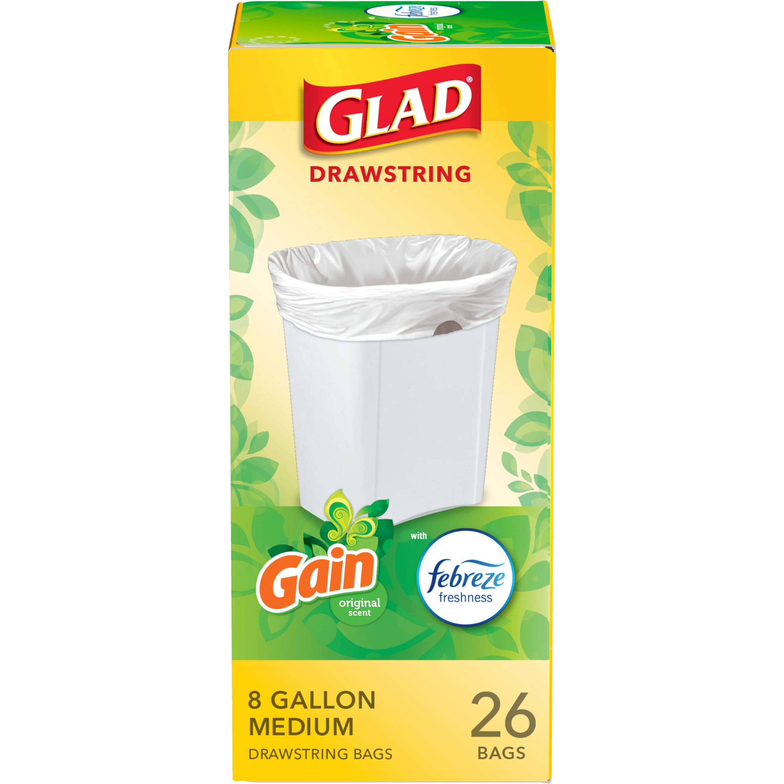 Photo 1 of Glad Medium Trash Bags, 8 Gallon, Gain Original with Febreze Garbage Bags, With Odor Control and Drawstring, 26 Count