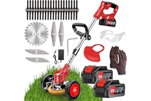 XBZZGMG Electric Weed Wacker Battery Powered 21V Grass Trimmer with Wheels Cordless 2 4.0 Ah Batteries 3 in 1 Stringless Weed Trimmer/Lawn Edger/Brush Cutter 3 Types Blade Edger for Garden and Yard Lawn