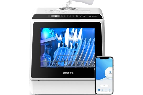 BLITZHOME Portable Dishwasher Countertop, WIFI Smart Dishwasher, Compact Dishwashers with 5L Built-in Water Tank, 6 Programs, 360Ã‚Â° Dual Spray, High-Temp& Air-Dry Function, Fruit Cleaning
