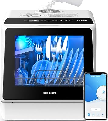 BLITZHOME Portable Dishwasher Countertop, WIFI Smart Dishwasher, Compact Dishwashers with 5L Built-in Water Tank, 6 Programs, 360° Dual Spray, High-Temp& Air-Dry Function, Fruit Cleaning