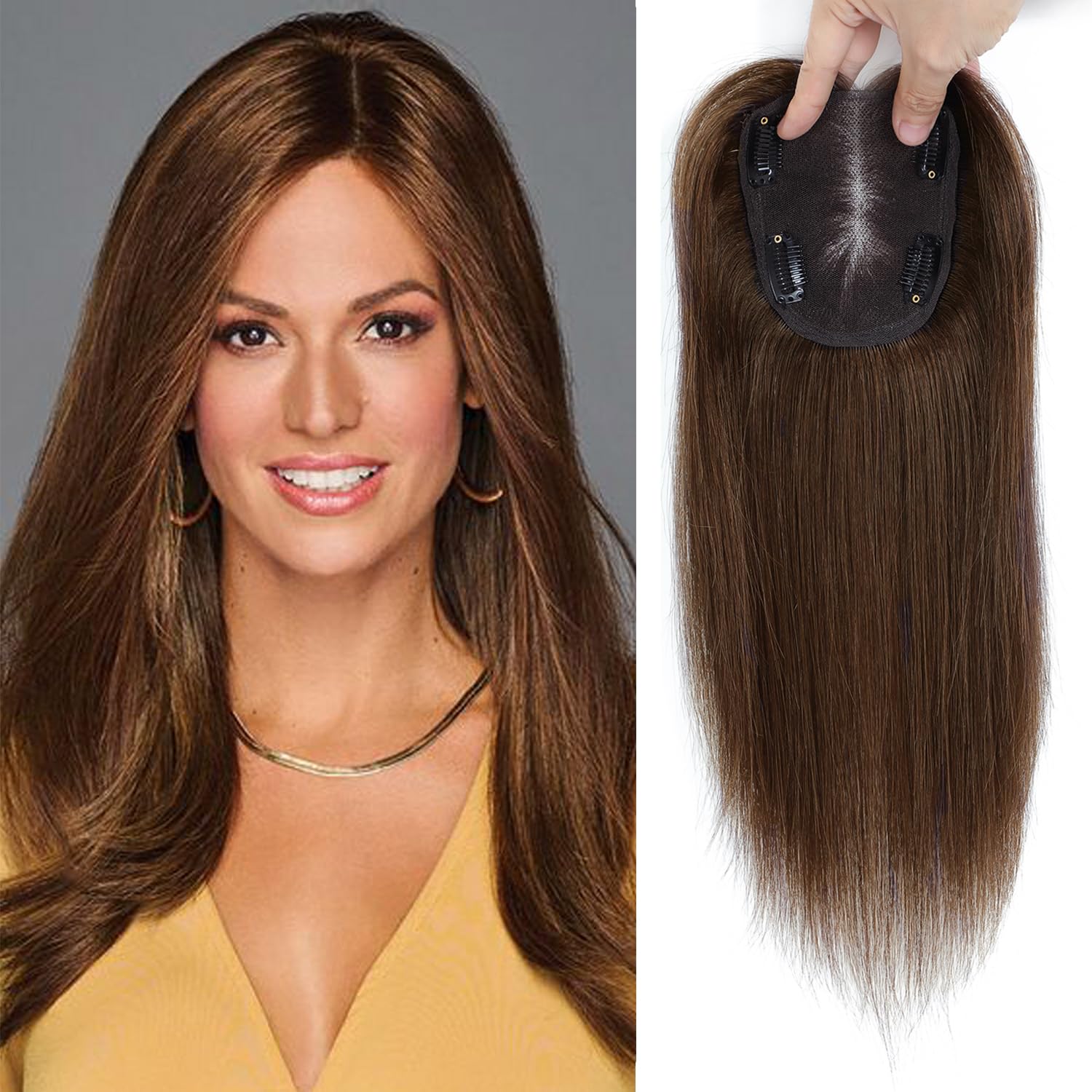 Human Hair Topper for Women - 10x12cm Silk Base Straight Hair Piece for Thinning Crown - 12 inch Medium Brown (4#)