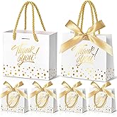 EQOREIIN Small Thank You Gift Bags 50pcs 5.5x2.5x4.7 Inches Small Gift Bags with Handles Bow Ribbon White Paper Bags for Party Favor, Mother's Day,Valentine's Day, Wedding, Baby Shower (White)