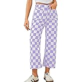 Odefou Cropped Jeans for Women Checkered Pants Casual High Waisted Stretchy Straight Leg Trousers with Pockets