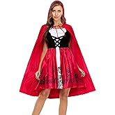 PrettyQueen Women's Little Red Riding Hood Costume Halloween Party Cosplay Dress with Cape (Red, XX-Large)
