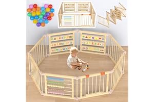 Foldable Wooden Baby Playpen with Gate, Wood Baby Play Pen Play Yard with Educational Abacus, Alphabet Board, Shape Color Boa