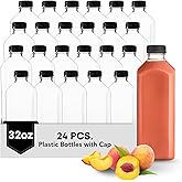 Hammont Plastic Bottles with Caps - Clear PET Iced Coffee & Juice Bottles, Pack of 24 - Reusable Juicing Bottle - Ideal for Cold Drinks (32oz)
