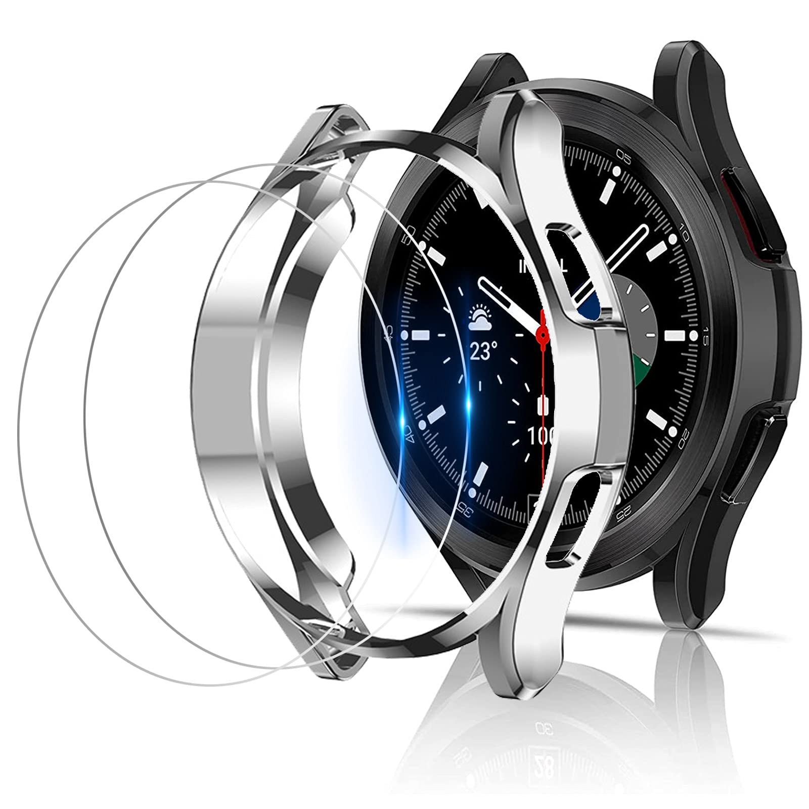 Miimall [2+2 Pack for Samsung Galaxy Watch 4 Classic 42mm 46mm Case with Tempered Glass Screen Protector, Soft TPU Protective Frame Shockproof Protective Shell Cover for Galaxy Watch 4 Classic-Silver