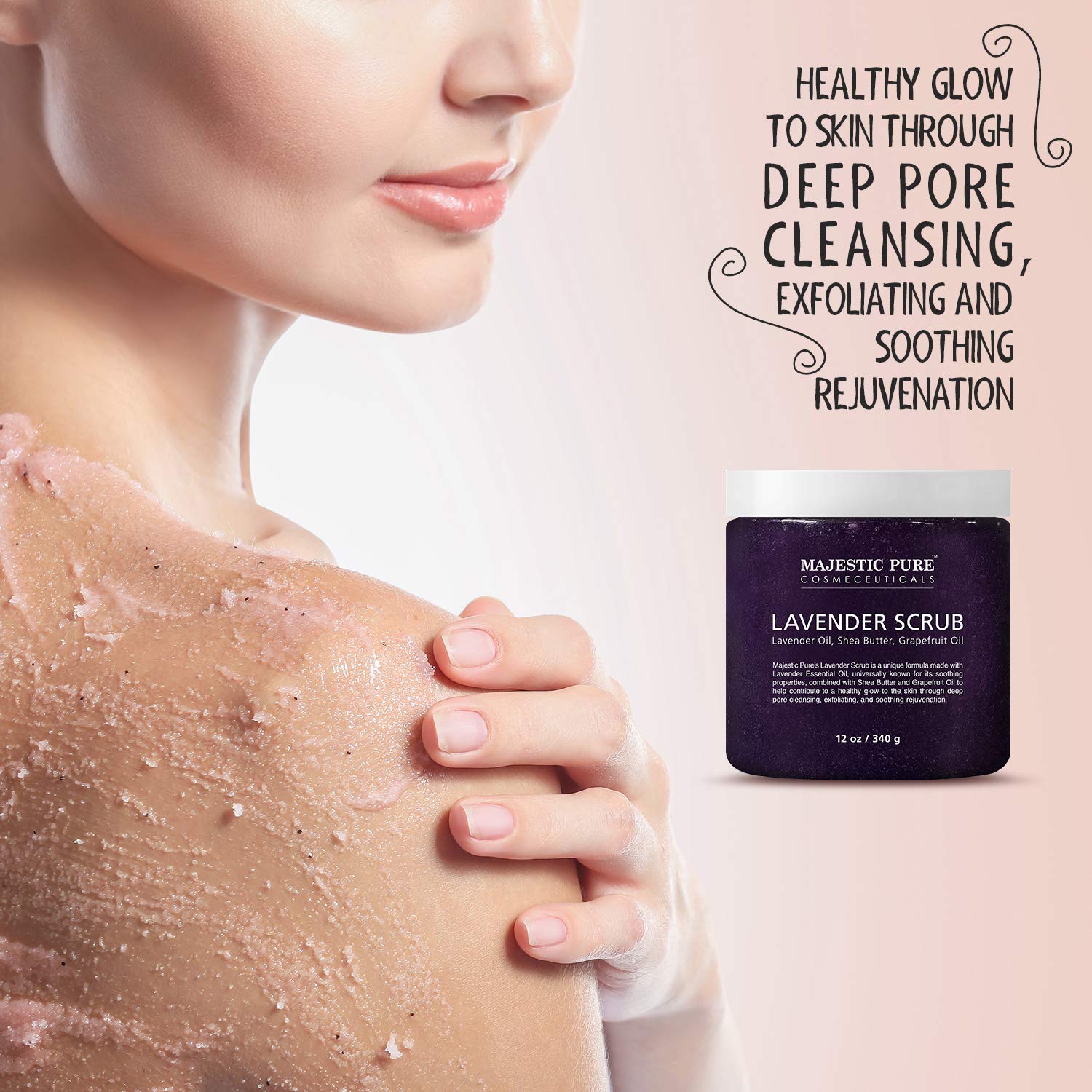Lavender Oil Body Scrub Exfoliator with Shea Butter and Grapefruit Oil by Majestic Pure - Exfoliate & Moisturize Skin, Fights Acne - 12 oz : Beauty