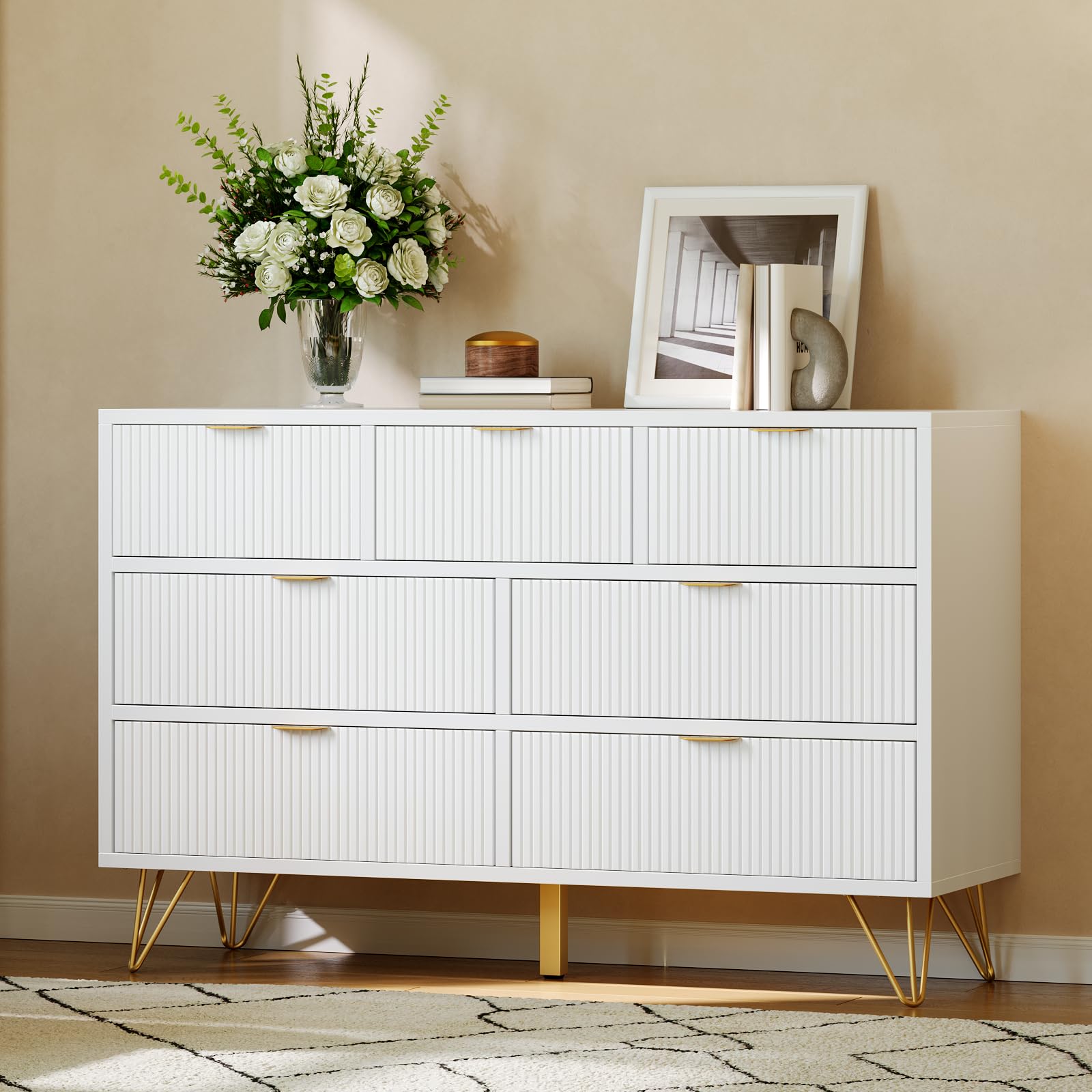 Photo 1 of 7 Drawer Dresser, 47.2" Wide Modern White Dresser for Bedroom, Wooden Chest of Drawer with Gold Metal Legs and Handles, Narrow Entryway Table Storage Organizer for Living Room, Hallway, Entryway