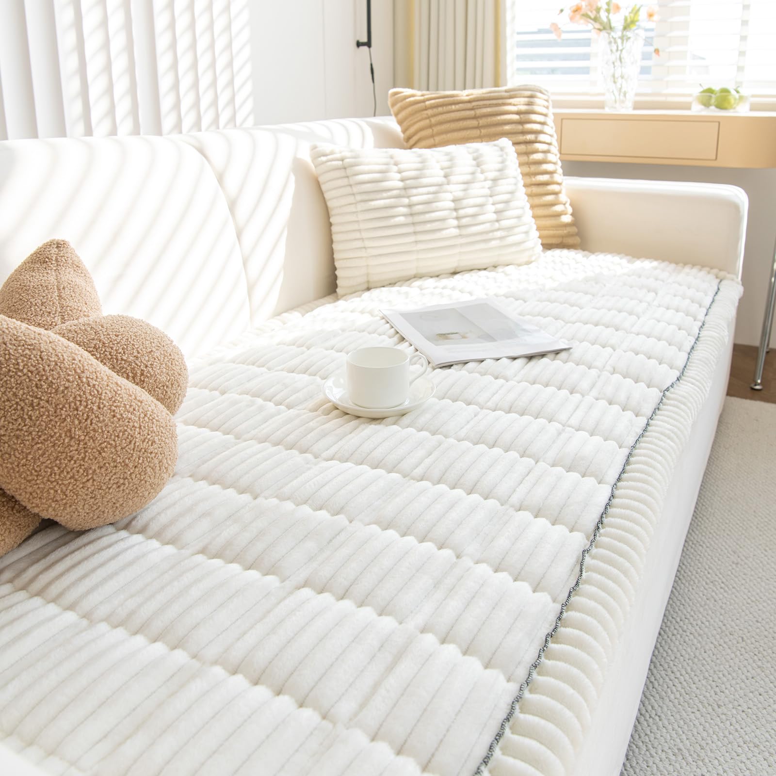 GKXLH New Thick Sofa Covers Washable - Soft Corduroy Universal Sofa Cover 2 3 4 Seater, Non-Slip Couch Cover, Couch Seat Covers Sofa Slipcovers Furniture Protector for Living Room (White, 70x150cm)