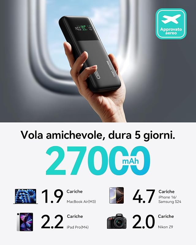 140W Laptop Power Bank, Piccolo 27000mAh Alta Capacità USB-C Powerbank