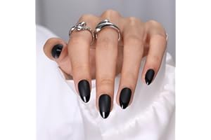 SHANGMENG Soft Gel Black Press on Nails Almond - Christmas Short Nails with Glossy French Tips in a Matte Finish, Stick on Nails with Glue in 16 Sizes - 32 Reusable Fake Nails for Women, Matte Black