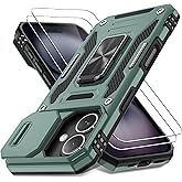 DEERLAMN Case for iPhone 16 with Slide Camera Cover+Screen Protector (2 Packs), Rotated Ring Kickstand Military Grade Shockproof Protective Cover-Green