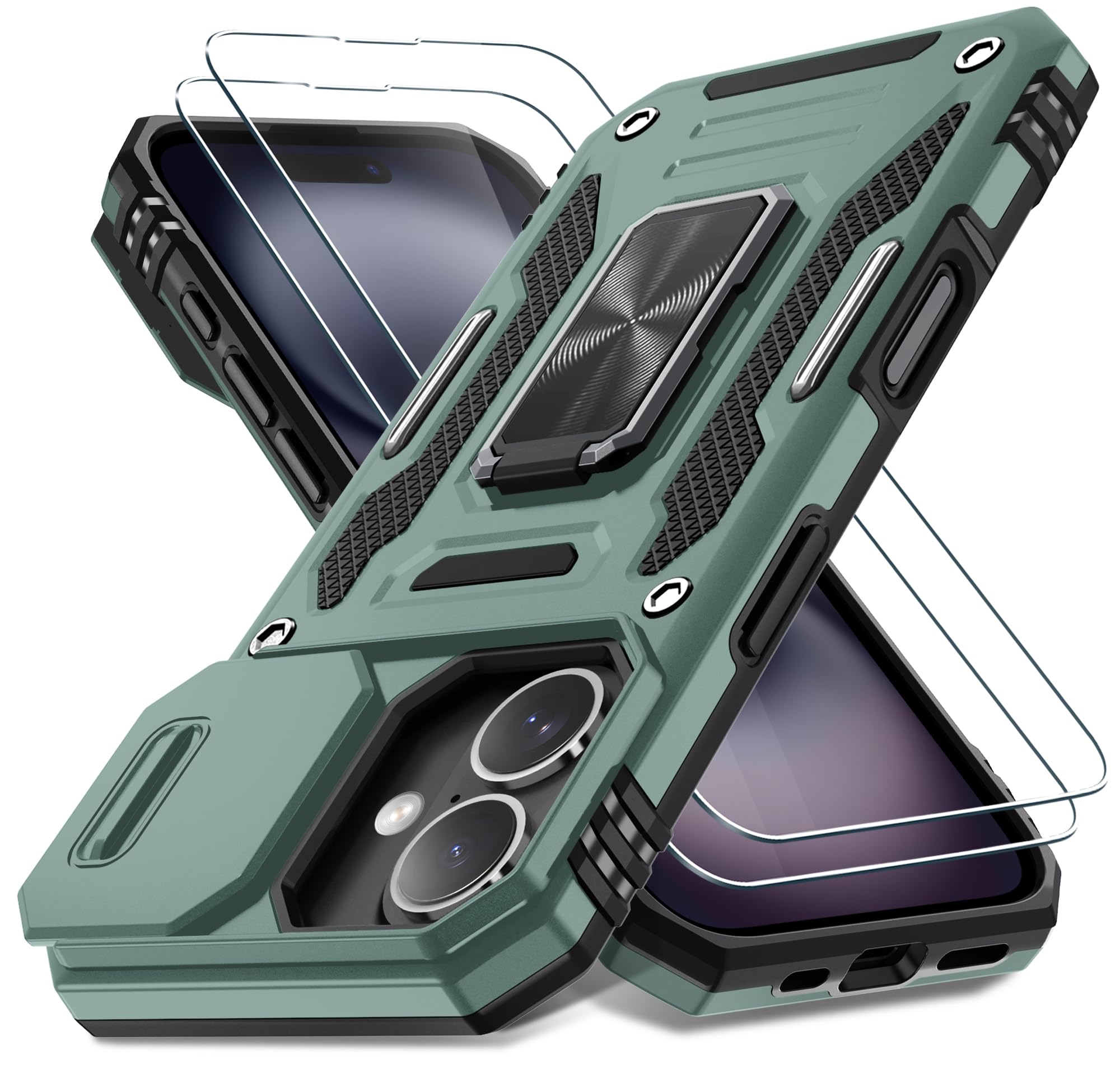 Photo 1 of DEERLAMN Case for iPhone 16 with Slide Camera Cover+Screen Protector (2 Packs), Rotated Ring Kickstand Military Grade Shockproof Protective Cover-Green